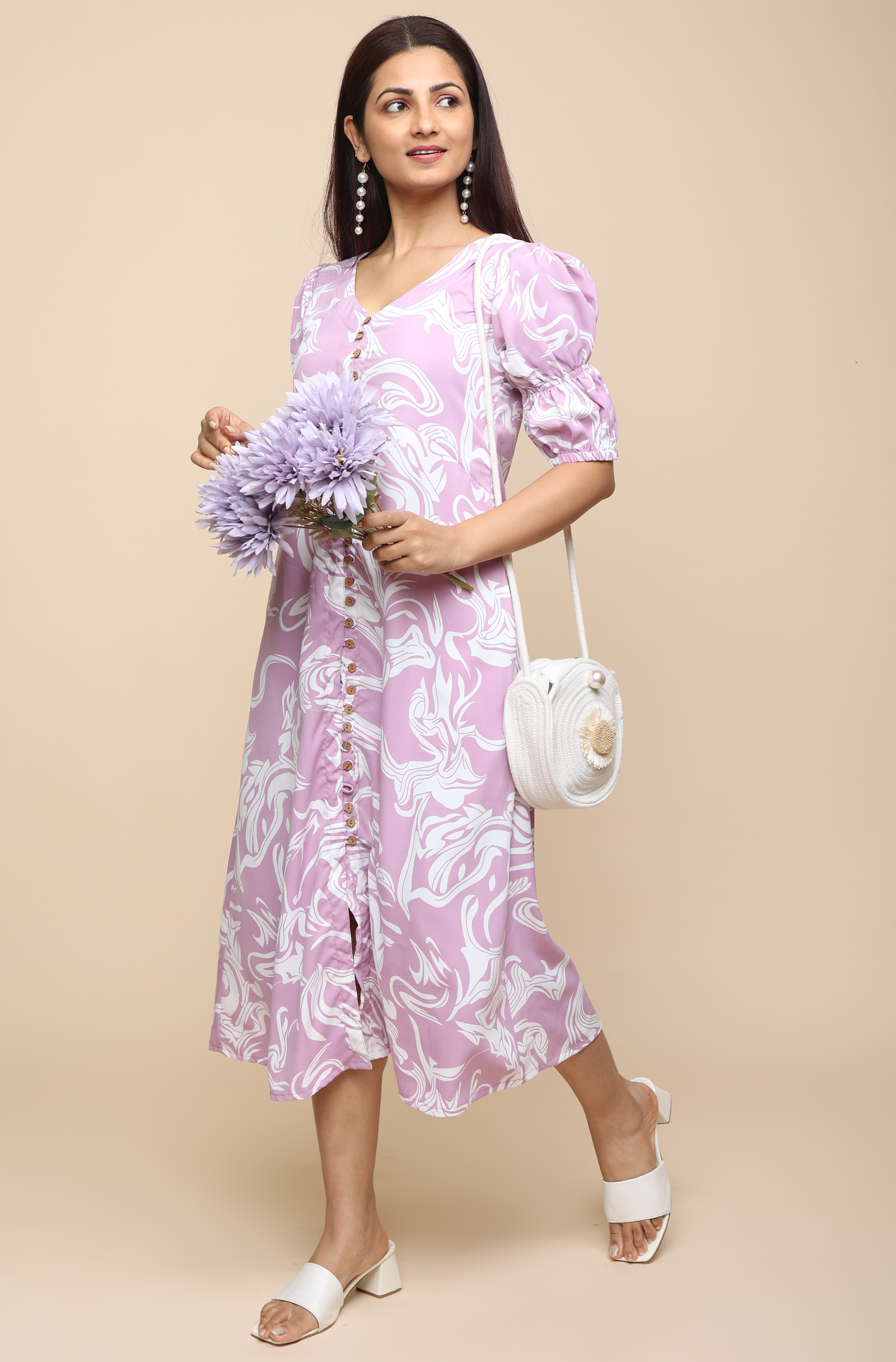 Casual Rayon Solid Fit and Flare Puff Sleeve Dress