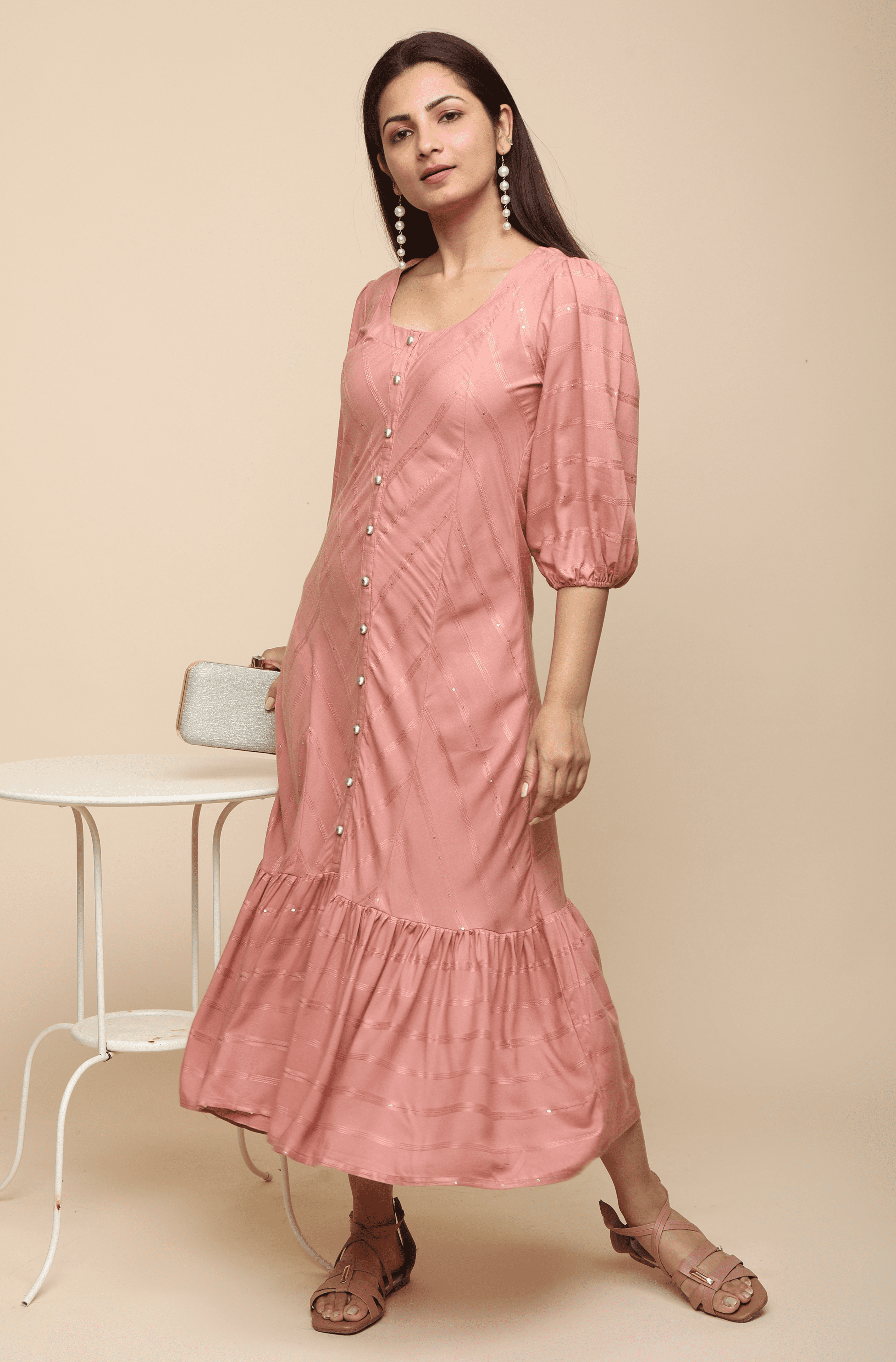 Sequenced Rayon Flare Kurtis with High Neck and Balloon Sleeves