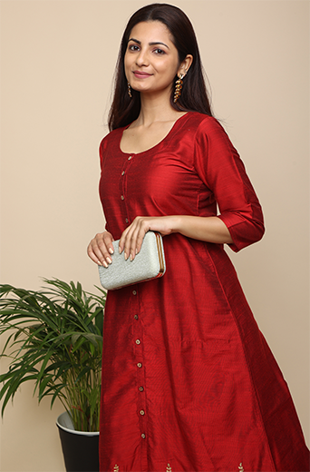 Silk embroidered a line dress  kurta