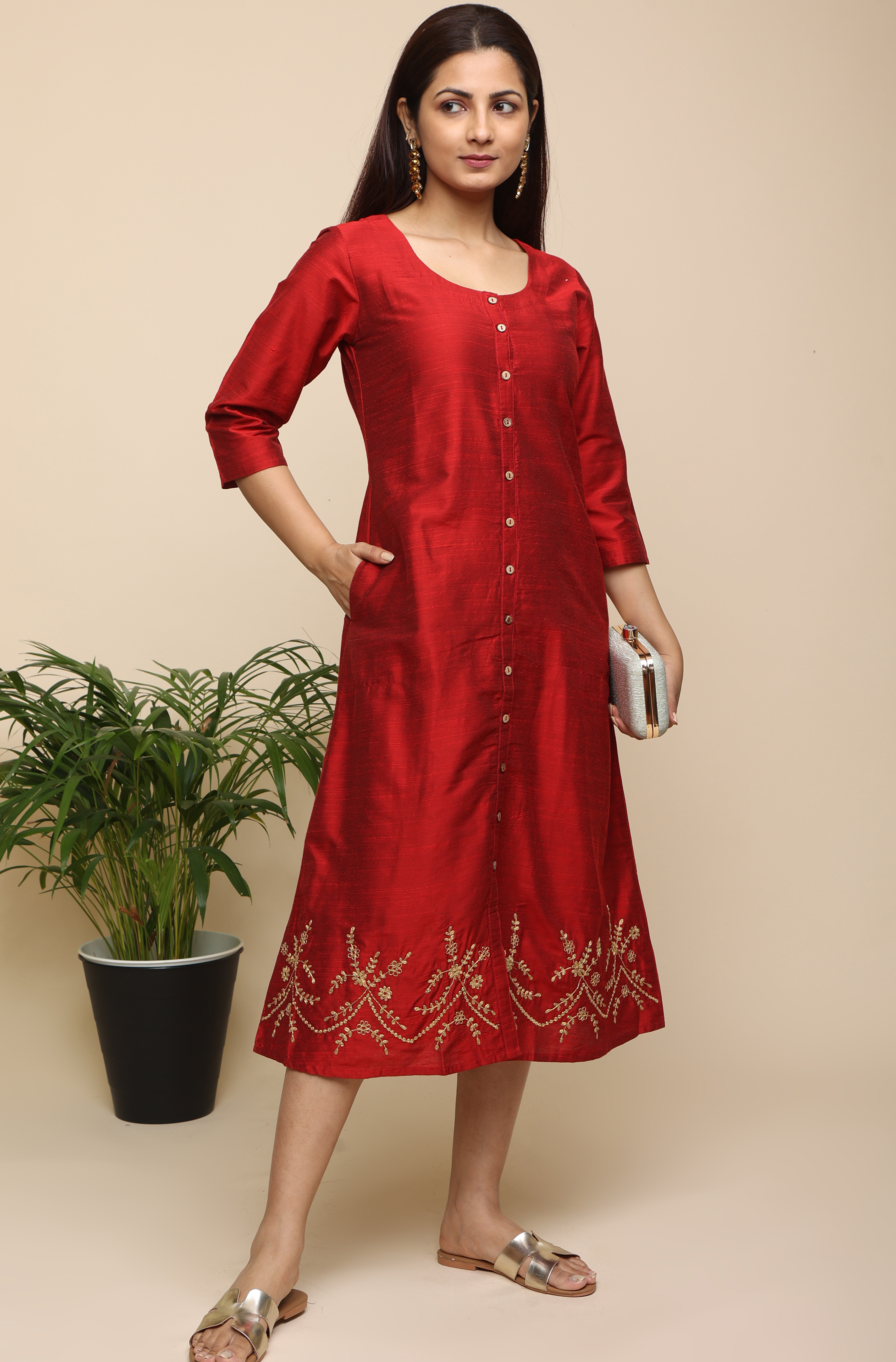 Silk embroidered a line dress  kurta